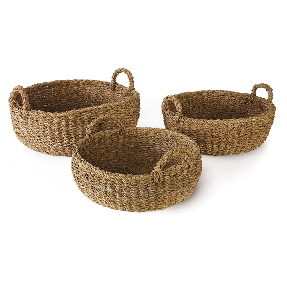 SEAGRASS SHALLOW BASKETS WITH HANDLES, SET OF 3 Villa Decor & Design