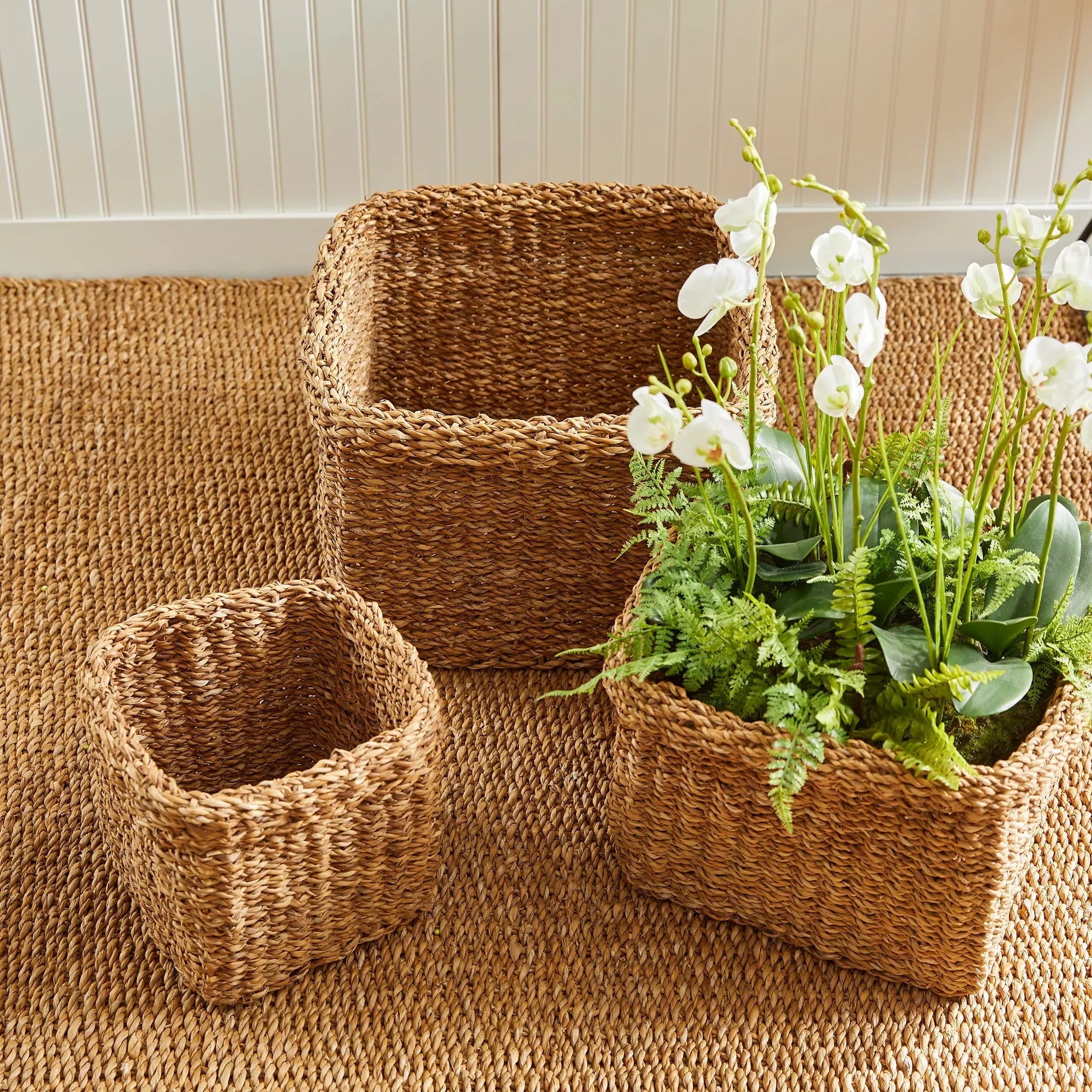 SEAGRASS SQUARE BASKETS WITH CUFFS, SET OF 3 Villa Decor & Design