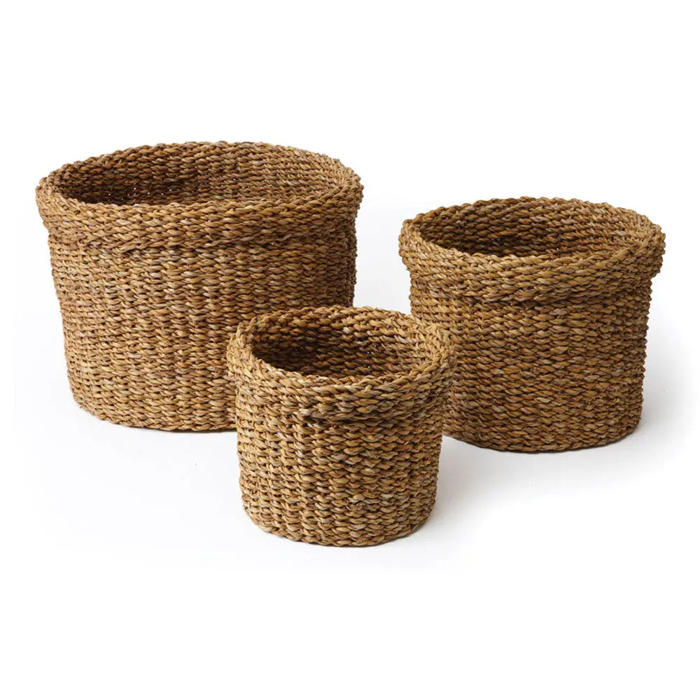 SEAGRASS ROUND BASKETS WITH CUFFS, SET OF 3 Villa Decor & Design