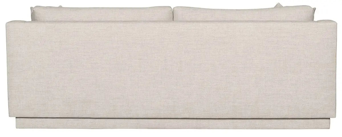 A long, sophisticated 94-inch Asher Sofa with softly sloped arms and a fully upholstered base in a light gray Thriller Linen performance fabric.