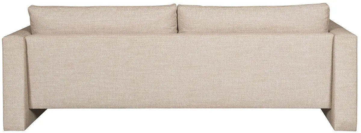A modern 95-inch Brady Sofa with a unique suspended floating base and track arms, upholstered in textured light gray Jumpy Burlap performance fabric.