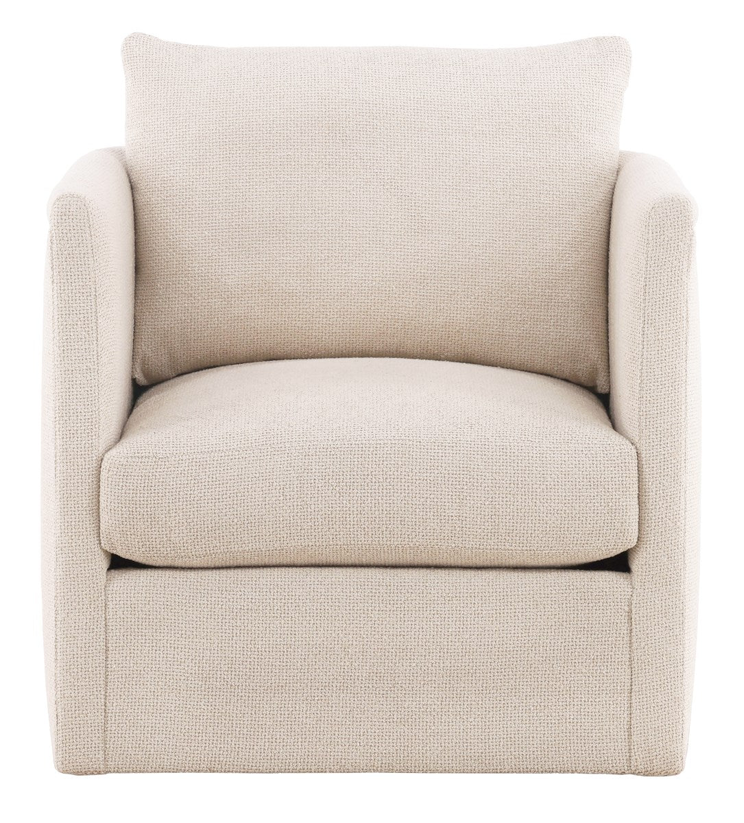 Liam Swivel Chair, a compact, tailored accent chair with a swivel base, upholstered in light Kendra Sand performance fabric.