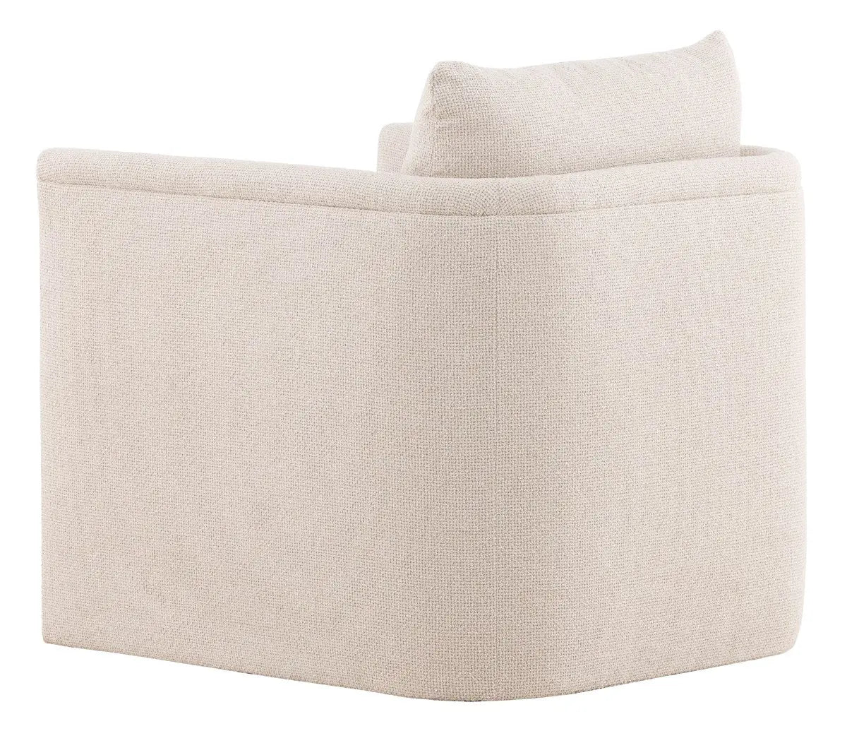 Liam Swivel Chair, a compact, tailored accent chair with a swivel base, upholstered in light Kendra Sand performance fabric.