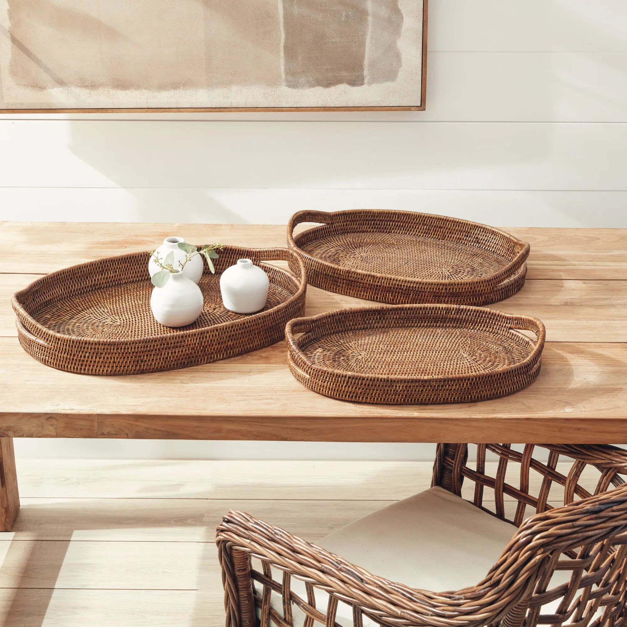 Burma Rattan Oval Serving Trays - Set of 3 Tight-Weave Baskets (3 Finishes) - Villa Decor & Design