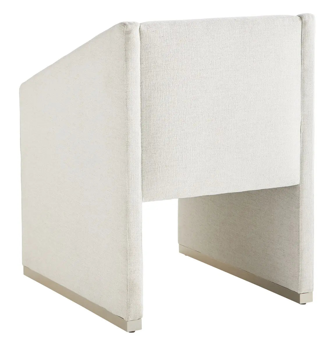 Dunecrest Dining Chair, an upholstered dining chair with arms, covered in light Nomad Snow fabric and featuring a modern Cava wood finish.