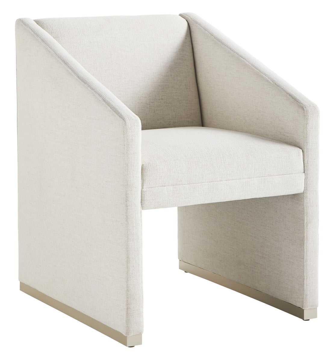 Dunecrest Dining Chair, an upholstered dining chair with arms, covered in light Nomad Snow fabric and featuring a modern Cava wood finish.