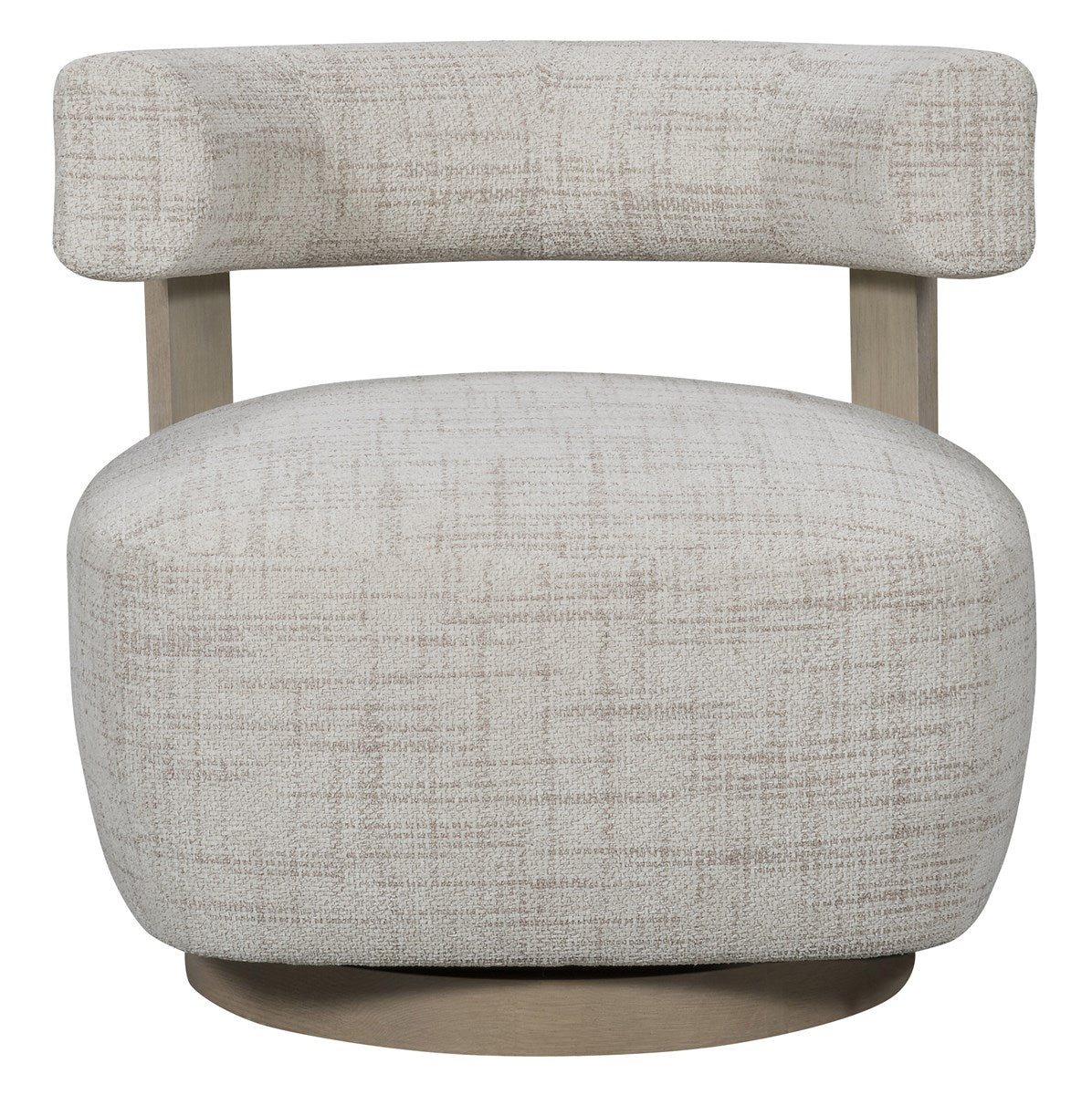 Daydream Swivel Chair, a modern, low-profile accent chair with a curved bolster back, upholstered in light Reynolds Linen fabric with exposed oak wood supports.