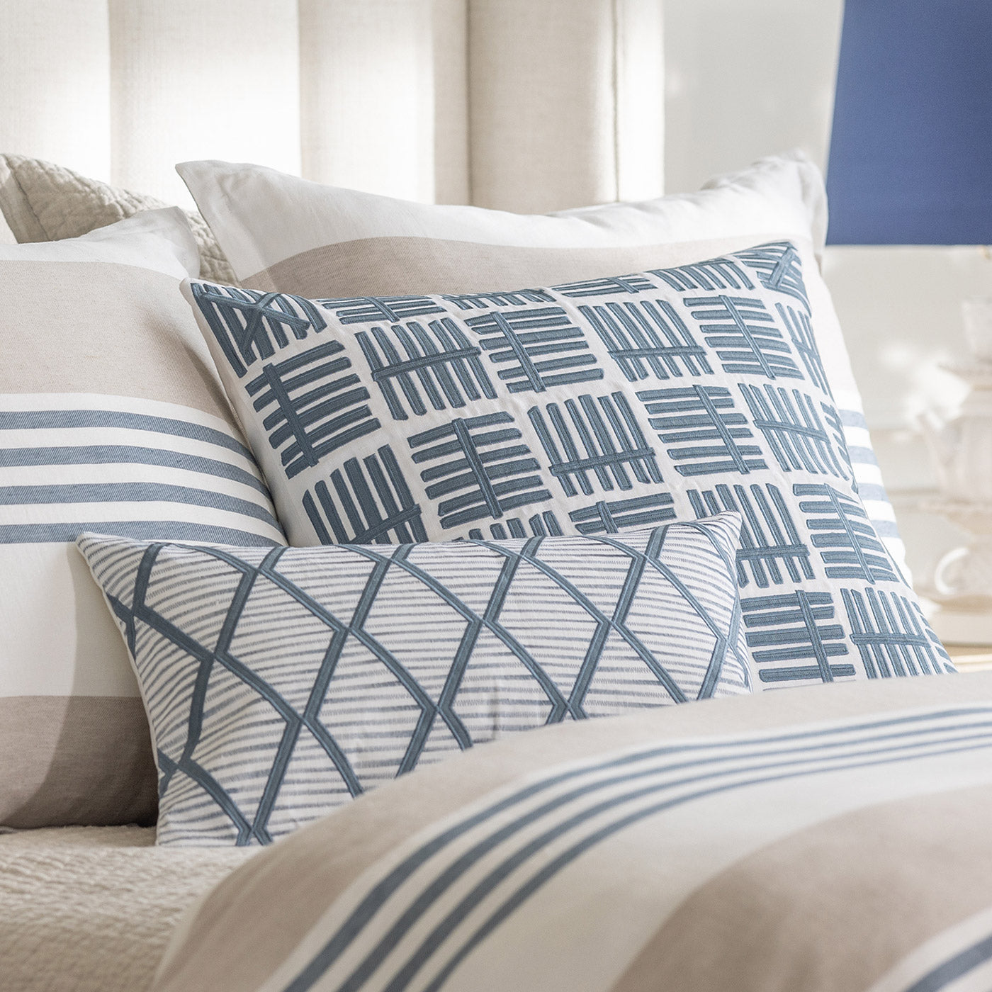 Andre Square Pillow - White Linen & Indigo Hemp (24x24) - Villa Decor & Design